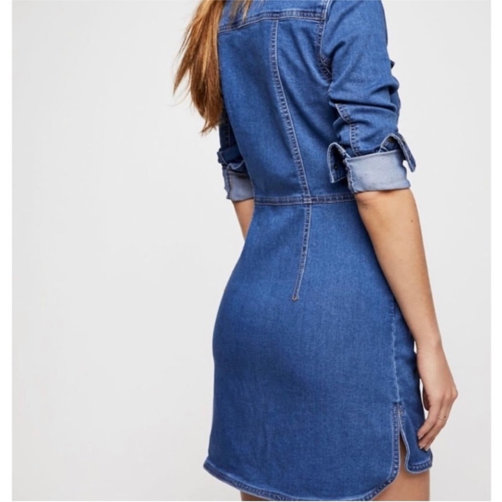 Free People Dynomite Medium Wash Long Sleeve Stretch Denim Mini Dress Size S - Picture 3 of 10